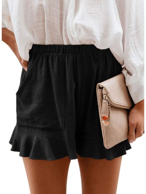 Womens Elastic Waist Side Pockets Ruffle Linen Sho...