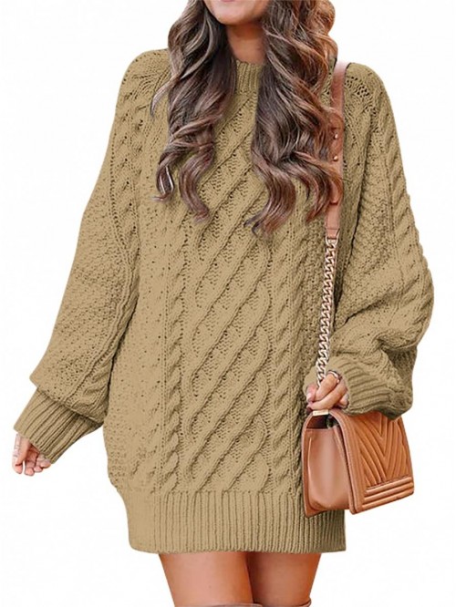 Women Crewneck Long Sleeve Oversized Cable Knit Ch...