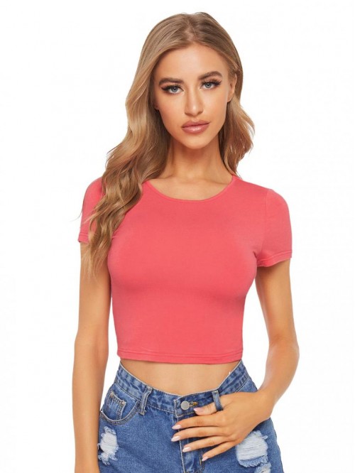 Women's Basic Short Sleeve Scoop Neck Crop Top 