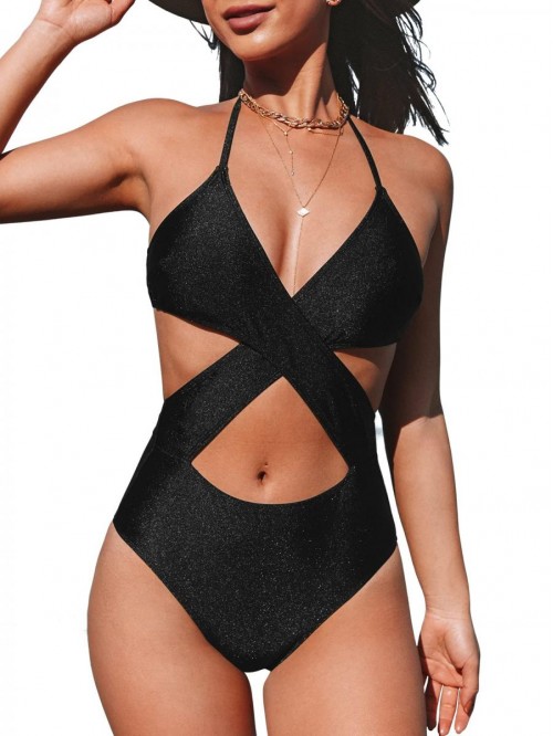 Women One Piece Swimsuit V Neck Halter Cut Out Cri...