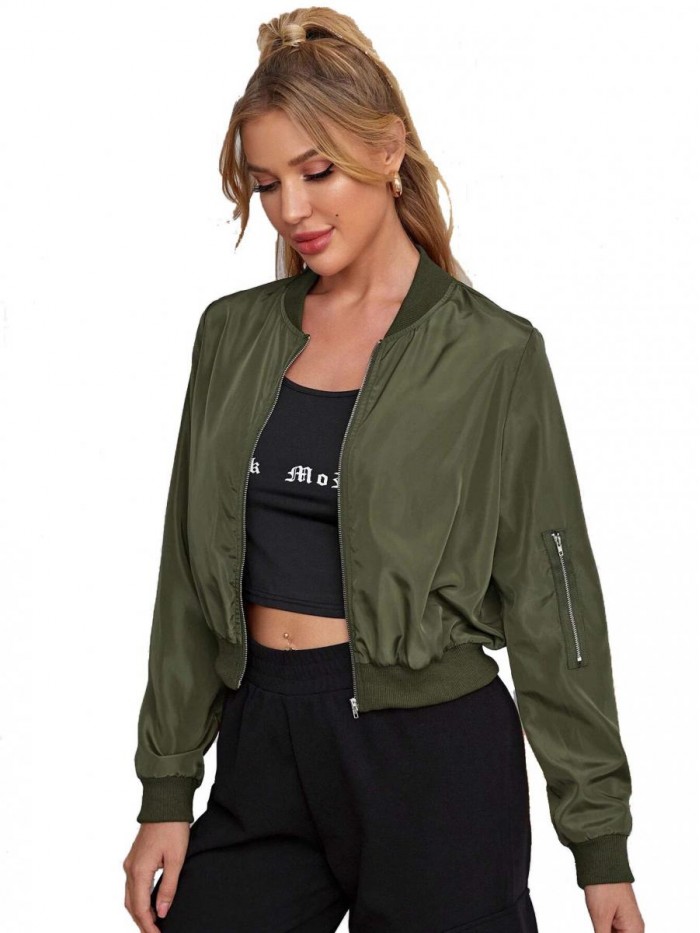 Women's Classic Solid Biker Jacket Zip up Crop Bomber Jacket Coat 