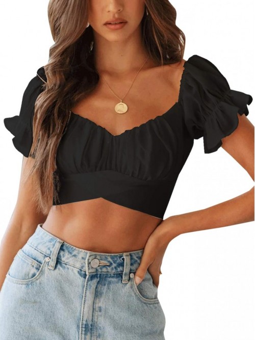 Women's Ruffle Short Sleeve Tie Up Back Crop Top O...