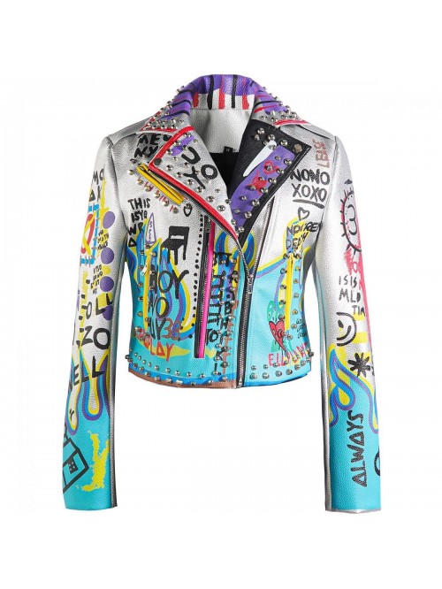 Women's Faux Leather PU Jacket, Graffiti Studded R...