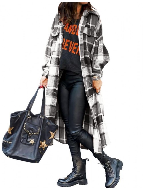 Women's Casual Plaid Oversized Button Down Shirt L...