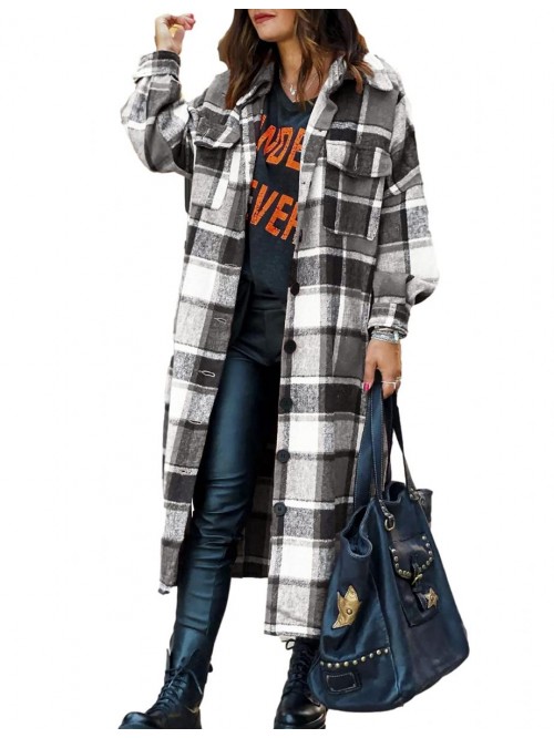 Casual Long Plaid Shirts Shacket Jacket Button Dow...