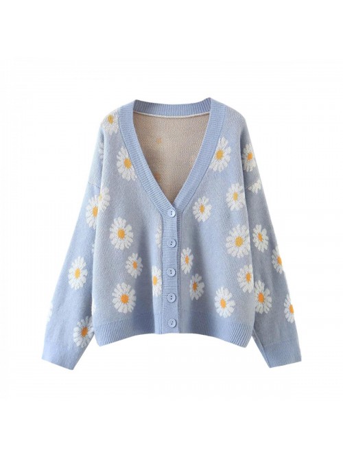 Floral Print Knit Cardigan Sweater Long Sleeve V N...