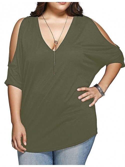 Women Plus Size Tops V Neck Short Sleeve Batwing T...