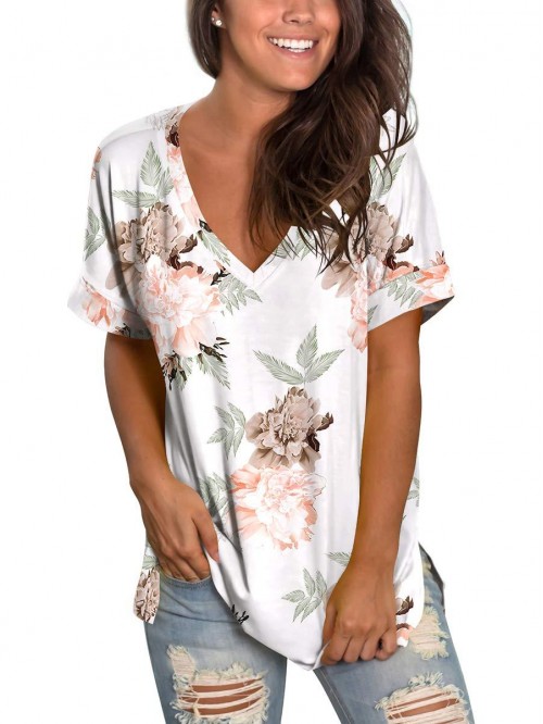 Womens Summer Tops Floral Short Sleeve V Neck T Sh...