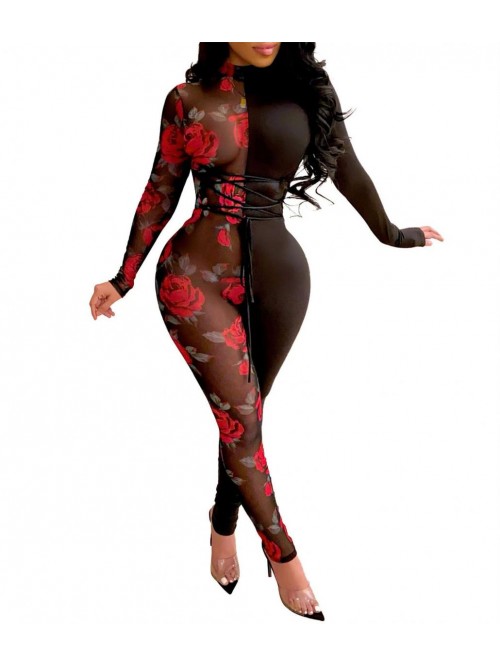 Women's Sexy Mesh See Through Jumpsuits Long Sleev...