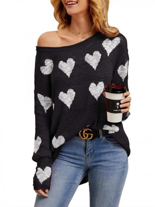 Womens Cute Love Heart Print Sweaters Oversized Of...