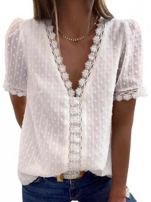 Women's V Neck Lace Crochet Tunic Tops Flowy Casua...