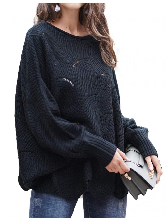 Women's Pullover Batwing Sleeve Loose Hollow Knit Sweaters 