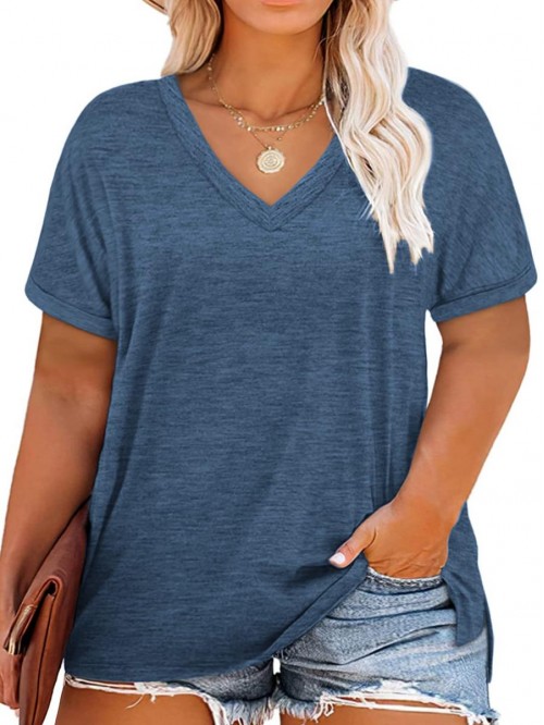 Womens-Plus-Size-Tops-Summer V Neck T Shirts Side ...