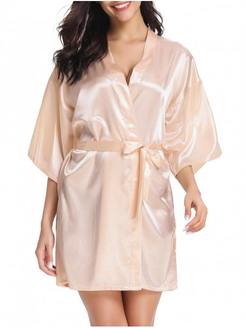 Women's Kimono Robes Short Satin Pure Color Bridal...