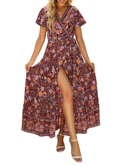 Women's Bohemian Floral Printed Wrap V Neck Short ...