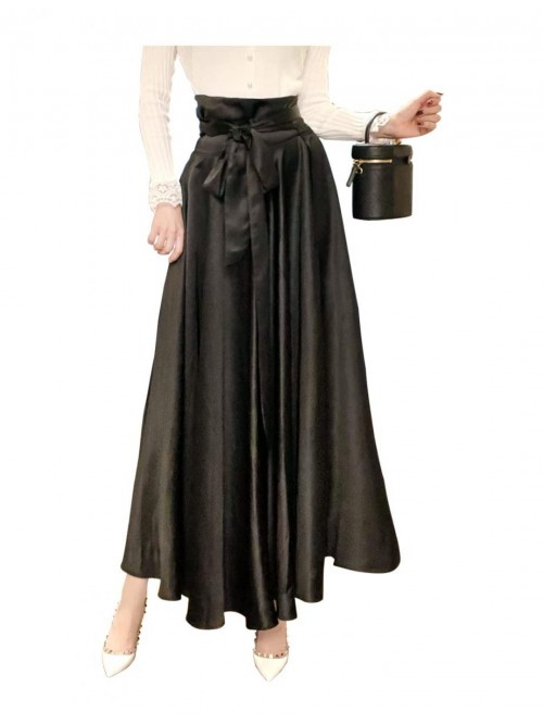 Women Elegant High Waist Wrap Tie Front Pleated Fu...