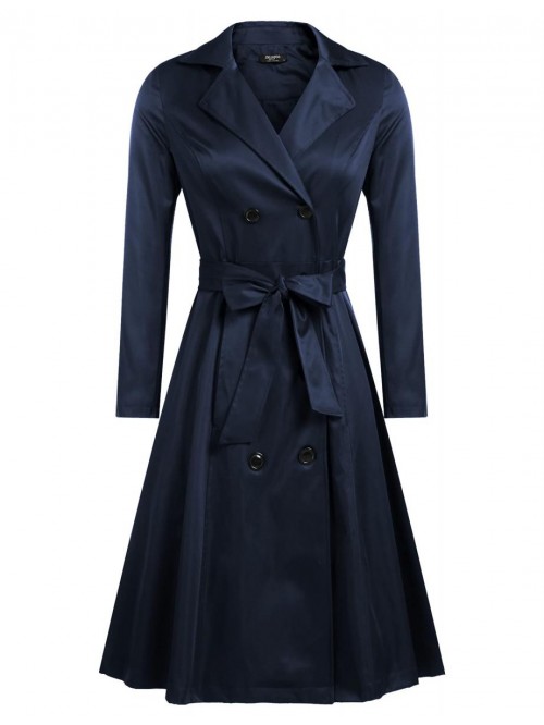 Women's Trench Coats Double-Breasted Long Coat wit...