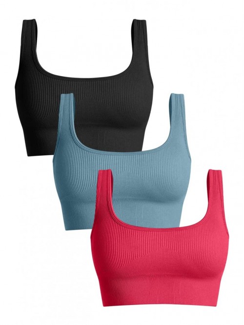 Women's 3 Piece Medium Support Tank Top Ribbed Sea...