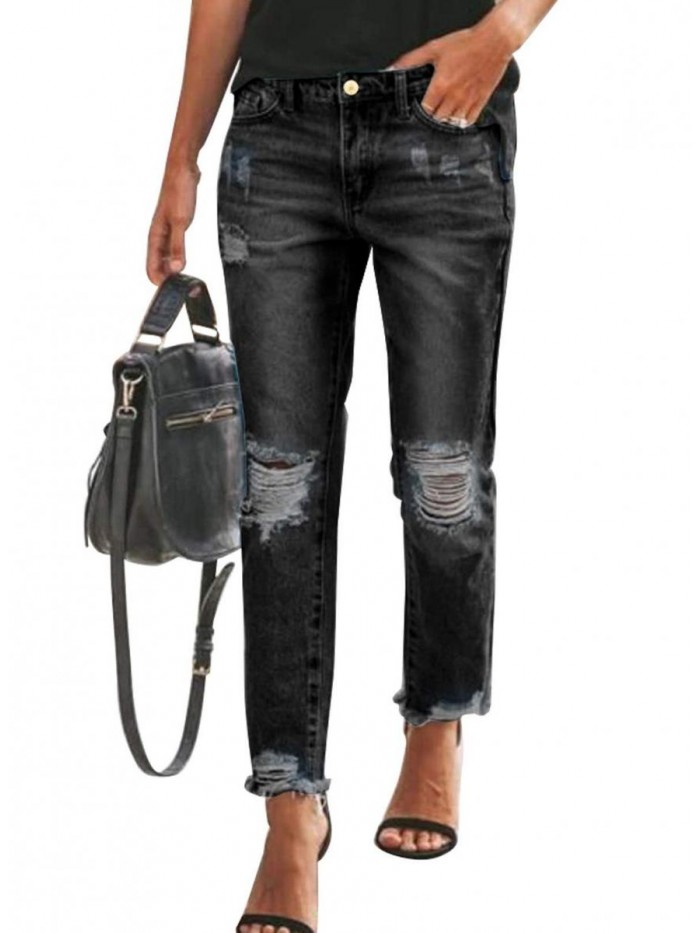 Women's Loose Boyfriend Jeans Stretchy Ripped Distressed Denim Pants S-2XL 