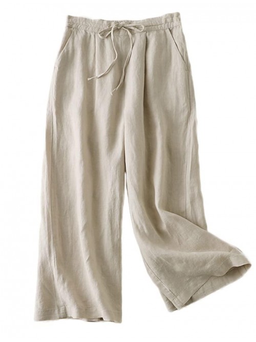 Women's Linen Cropped Wide Leg Pants Elastic Waist...