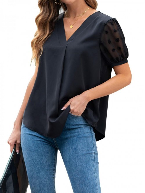 Jelly Womens Black Blouses V Neck Puff Sleeve Busi...