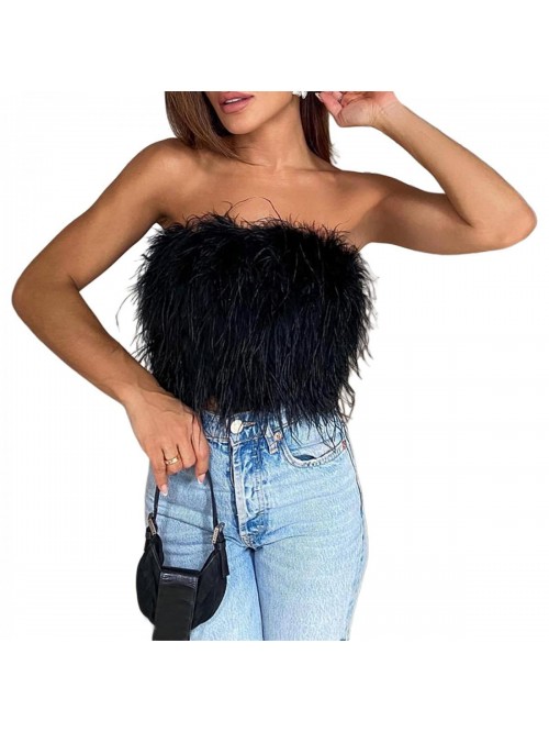 Sexy Feather Crop Tops Faux Fur Trim Sleeveless Ve...