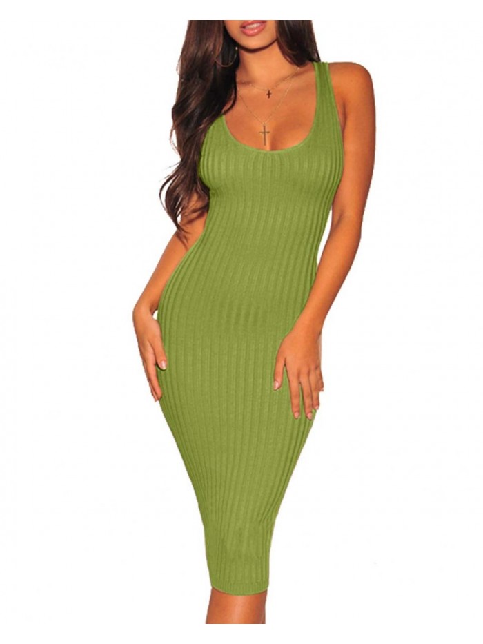 Sexy Casual Bodycon Ribbed Tank Dress Scoop Neck Sleeveless Club Dresses 