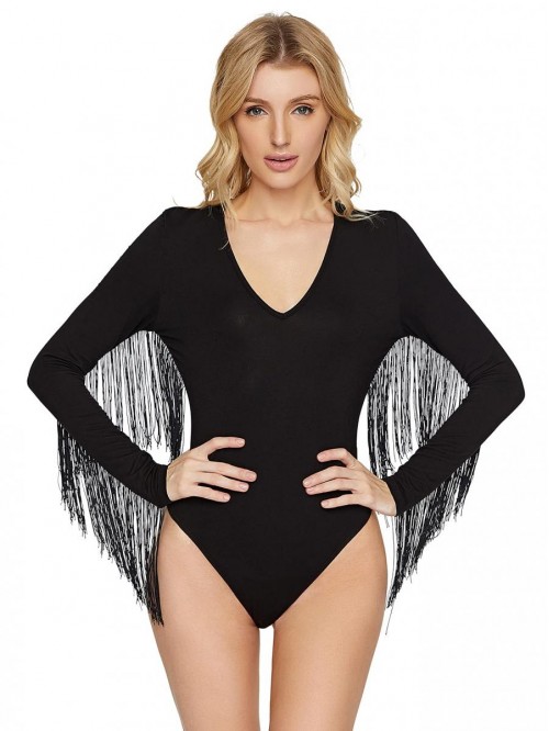 Women's Fringe Trim V Neck Long Sleeve Bodysuit To...