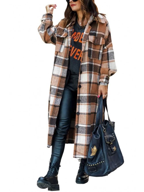 Womens Oversize Plaid Lapel Brushed Button Down Po...