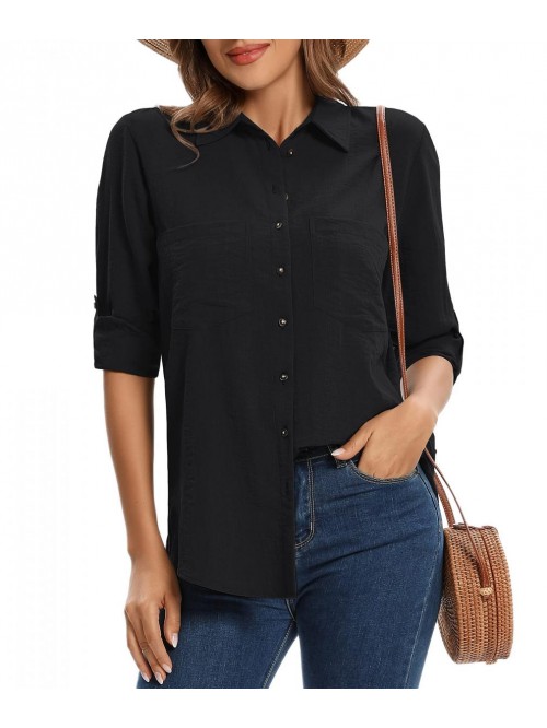 Lady Womens Button Down Shirts Roll Up Long Sleeve...