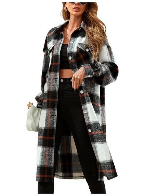 Women's Casual Plaid Wool Blend Shacket Button Shi...