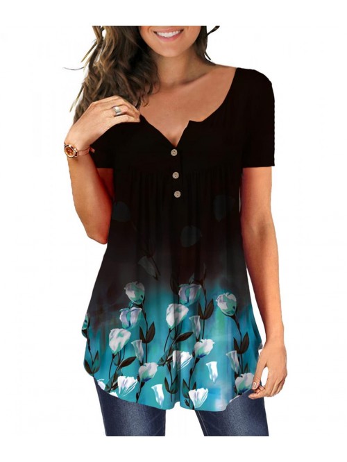 Women's Floral Tunic Tops Casual Blouse V Neck Sho...