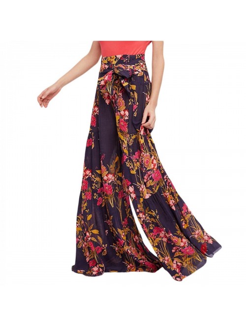 Boho Floral Pants High Tie Waist Wide Leg Pants Su...