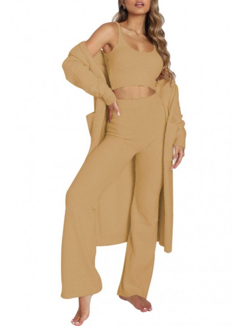 Women's Fuzzy 3 Piece Sweatsuit Open Front Cardiga...