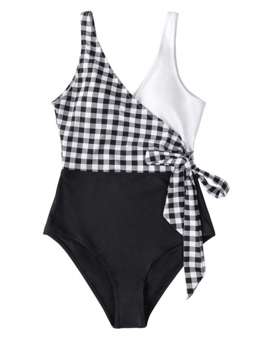 Women's One Piece Swimsuit Wrap Color Block Tie Si...