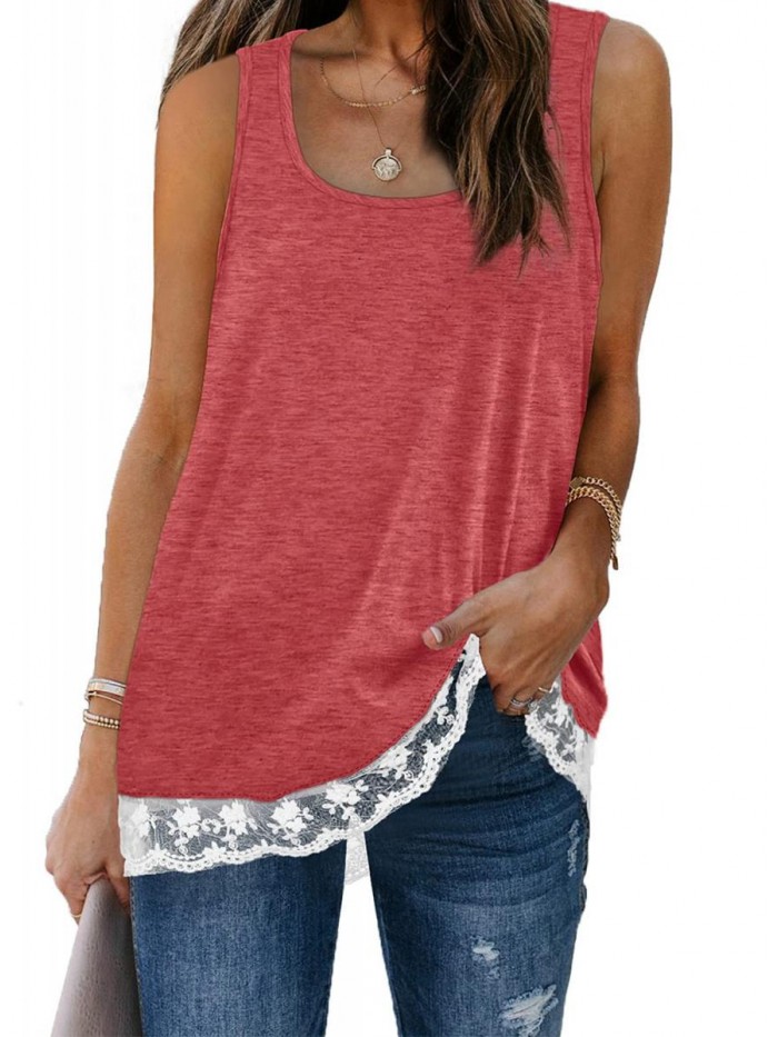 Womens Tank Tops Scoop Neck Lace Trim Casual Summer Sleeveless Tshirts 