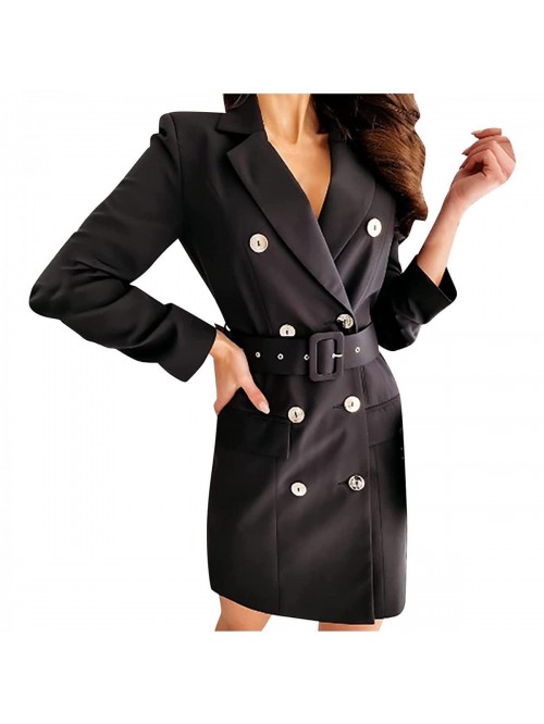 Elegant Double Breasted Blazer Dress Slim Fit Belt...