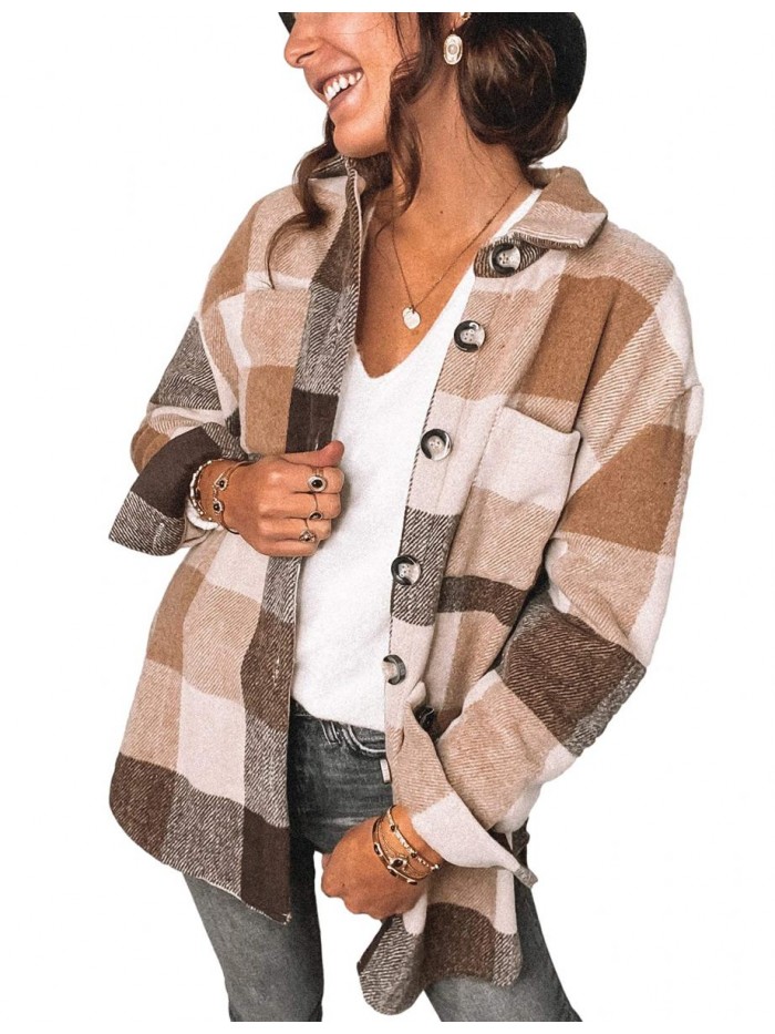 Plaid Shacket Jacket Womens Fall Fashion Button Down Flannel Jacket Shirt 