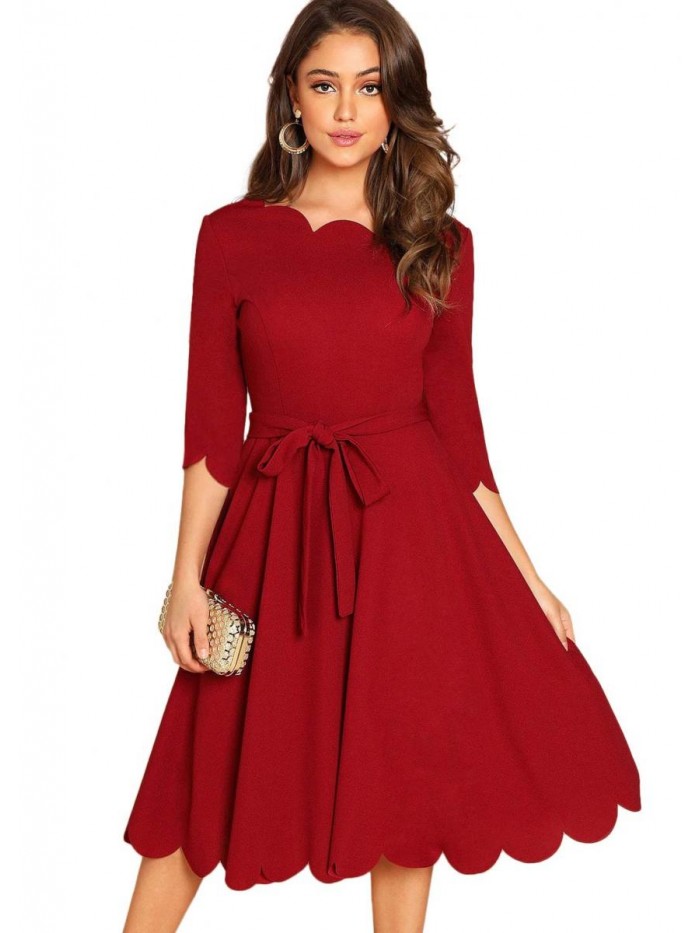 Women's Elegant Belted 3 4 Sleeve Fit Flare Cocktail Scallop Dress 