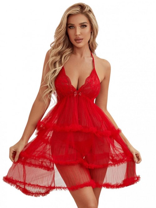 Women's Babydoll Lingerie Ruffle Backless Mesh Nig...