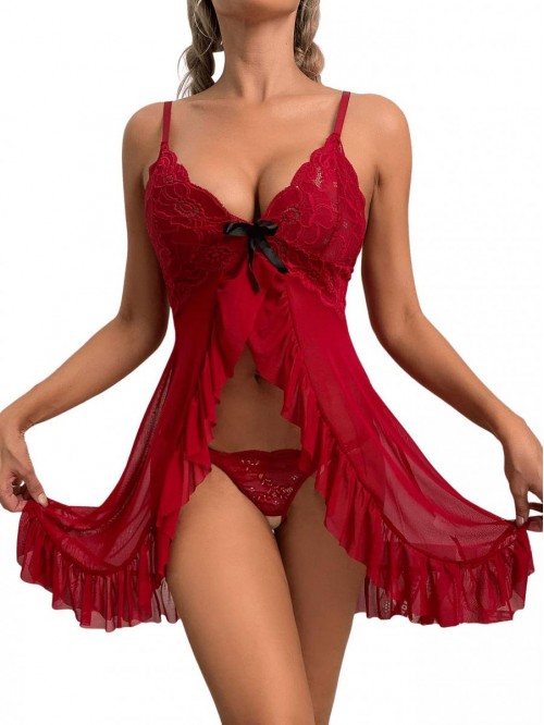 Women's V Neck Ruffle Trim Mesh Babydoll Chemise L...