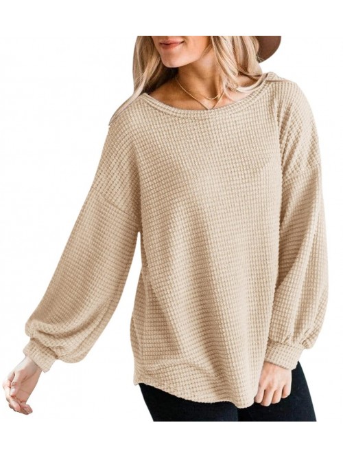 Womens Long Balloon Sleeve Waffle Knit Tops Crew N...