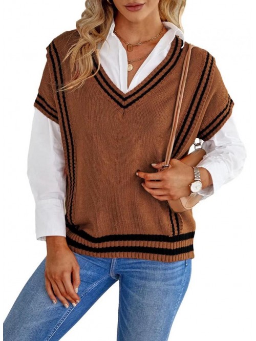 Women V Neck Knit Sweater Vest Argyle Pattern Slee...