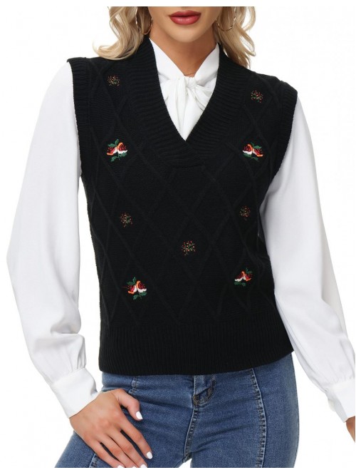 Poque Women Vintage Sweater Vest V-Neck Sleeveless...