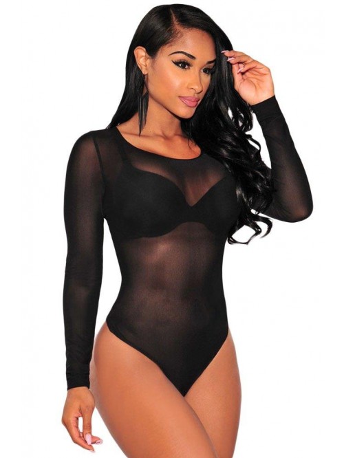 Women Long Sleeves Mesh See Through Jumpsuit Bodys...