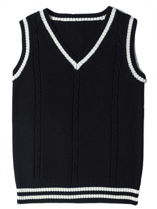 Women's V Neck Sweater Vest Uniform Cable Knit Sle...