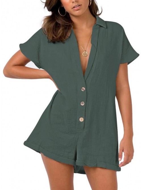 Women's V Neck Button Rompers Short Sleeve Sexy Lo...