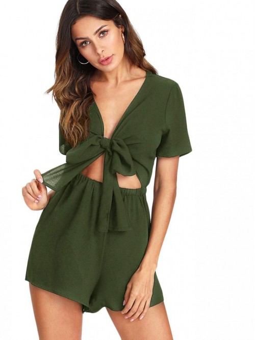 Women's Sexy V Neck Self Tie Front Short Romper Ju...