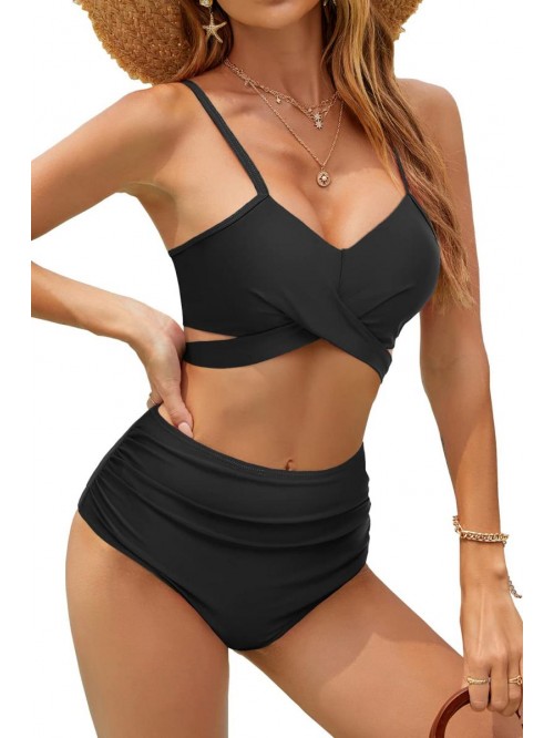 Women Push Up Bikini Ruched High Waisted Swimsuit ...