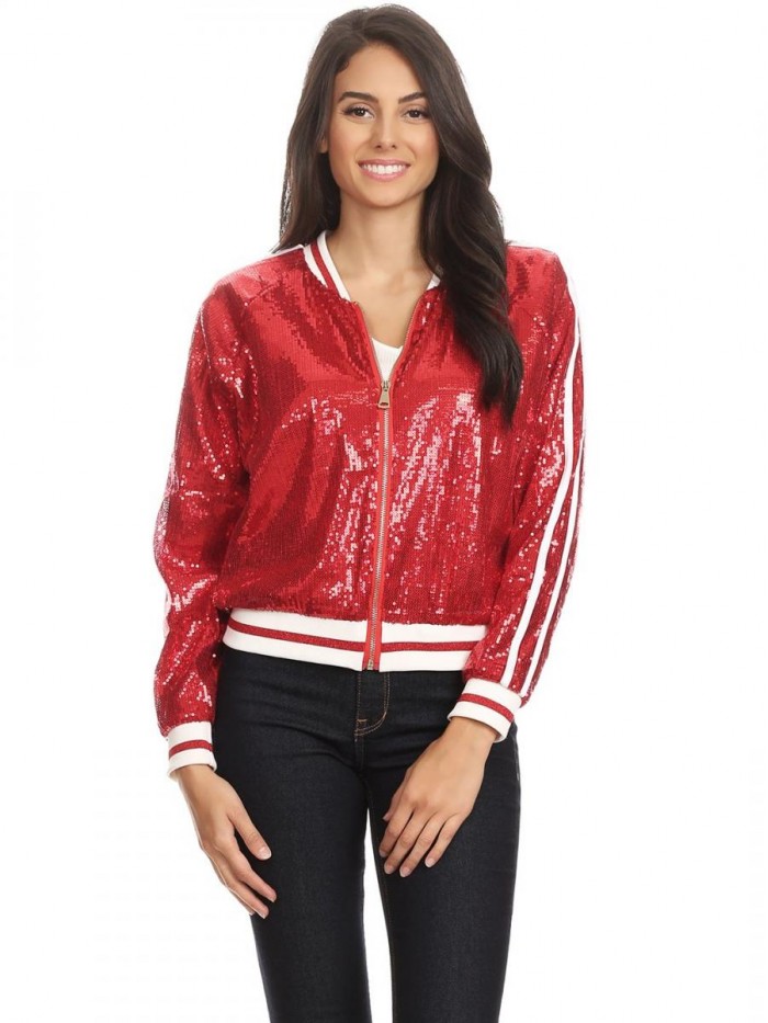 Womens Long Sleeve Front Zip Track Stripe Sequin Bomber Jacket 